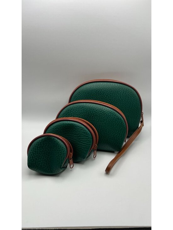 Handbags - Set Of 4 Green Faux Leather Zip Pouches With Brown Trim